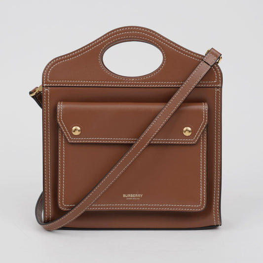 BURBERRY Topstitch Pocket Leather Mini Tote Bag, Brown Calfskin