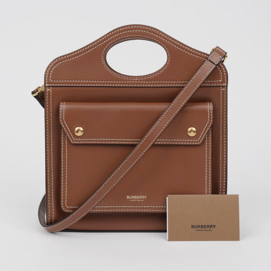 BURBERRY Topstitch Pocket Leather Mini Tote Bag, Brown Calfskin