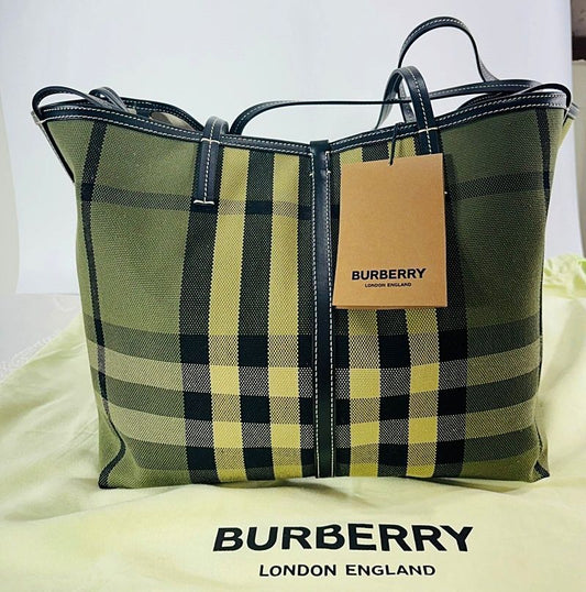 BURBERRY Medium Check Tote Bag, Military Green
