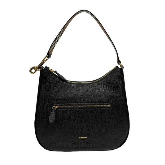 BURBERRY Black Grain Leather Hobo Shoulder Bag