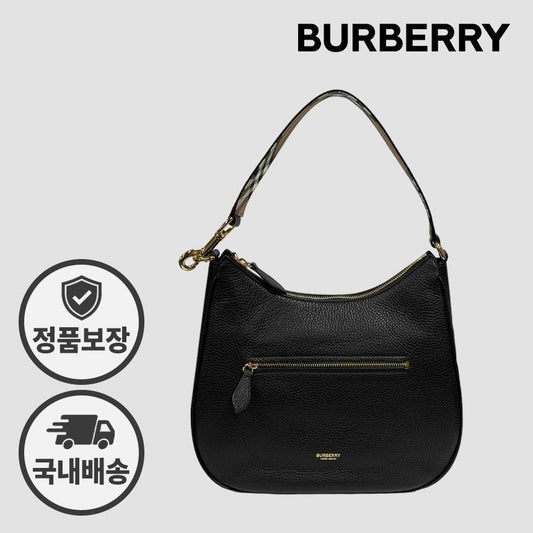 BURBERRY Black Grain Leather Hobo Shoulder Bag