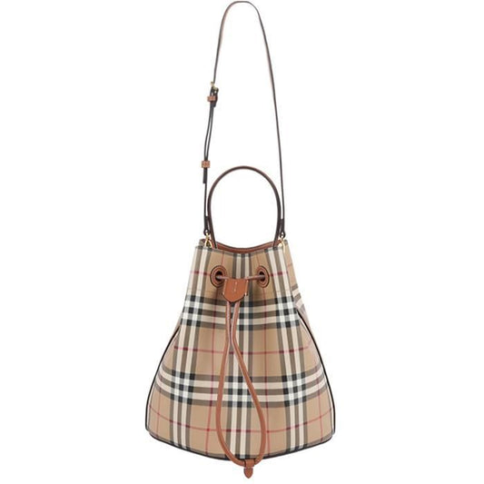 BURBERRY Small Check Leather Drawstring Bucket Bag, Vintage Check / Briar Brown