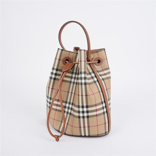 BURBERRY Small Check Leather Drawstring Bucket Bag, Vintage Check / Briar Brown